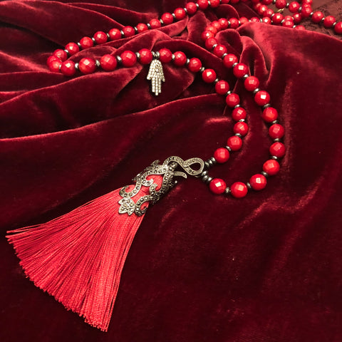 Red tassel & coral long necklace