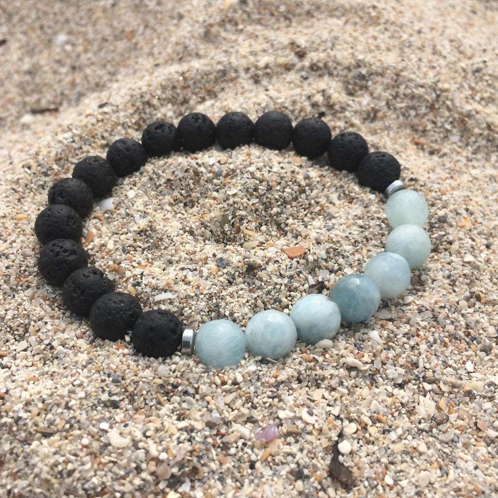 Mala inspired Essential oil Diffuser Lava Bead + Aquamarine Yoga and Meditation Bracelet
