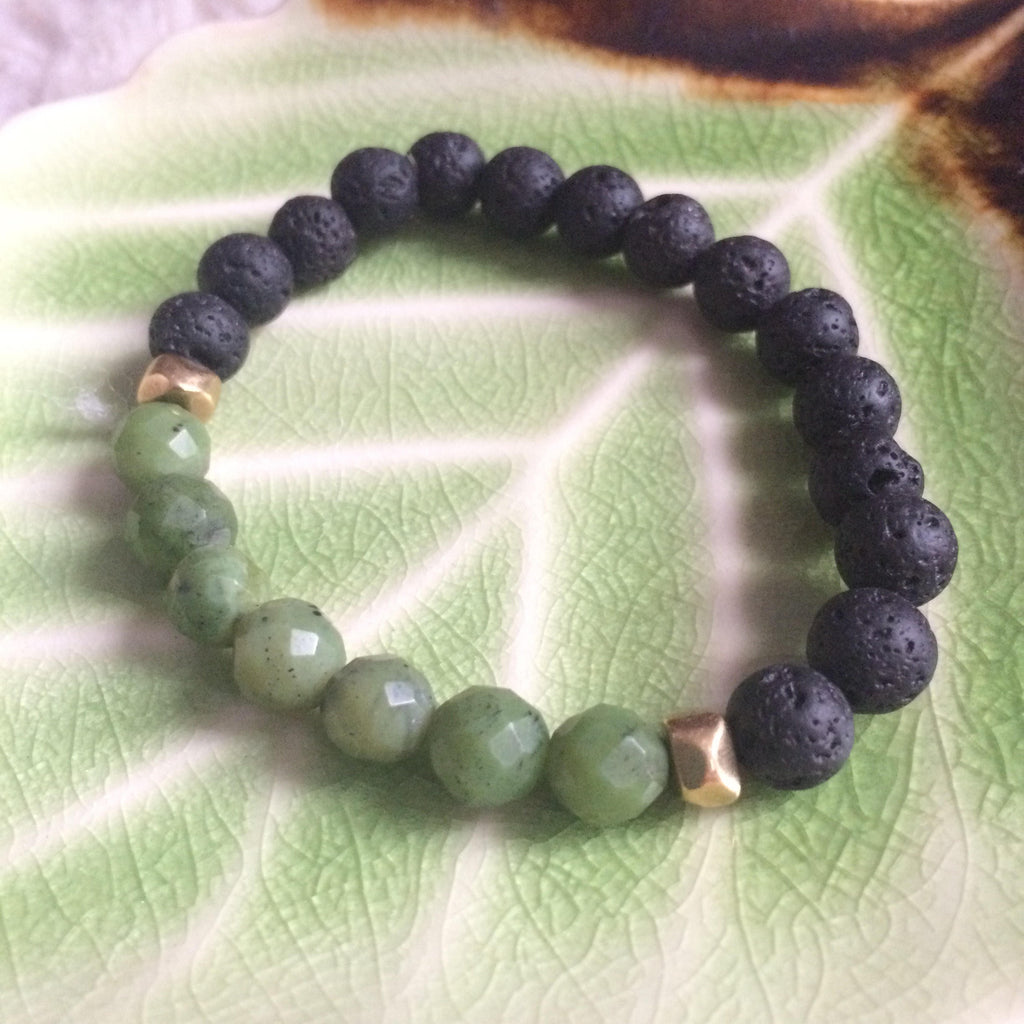 Mala Inspired Essential Oil Diffuser Lava Bead + Green Jade Yoga and Meditation Bracelet