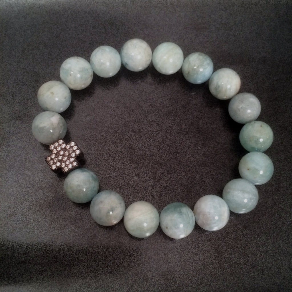 Natural Aquamarine and Hematite square cross charm bracelet