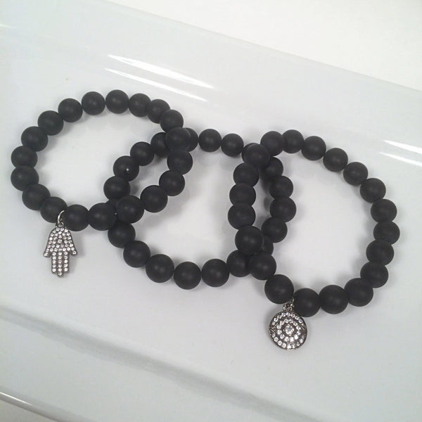 Black Onyx Beaded Bracelet with Protective Eye OR Hamsa Charm
