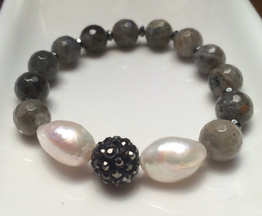 Pave hematite charm, freshwater pearls & moonstone bracelet