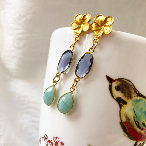 Flower & gemstone dangle earrings - one of kind